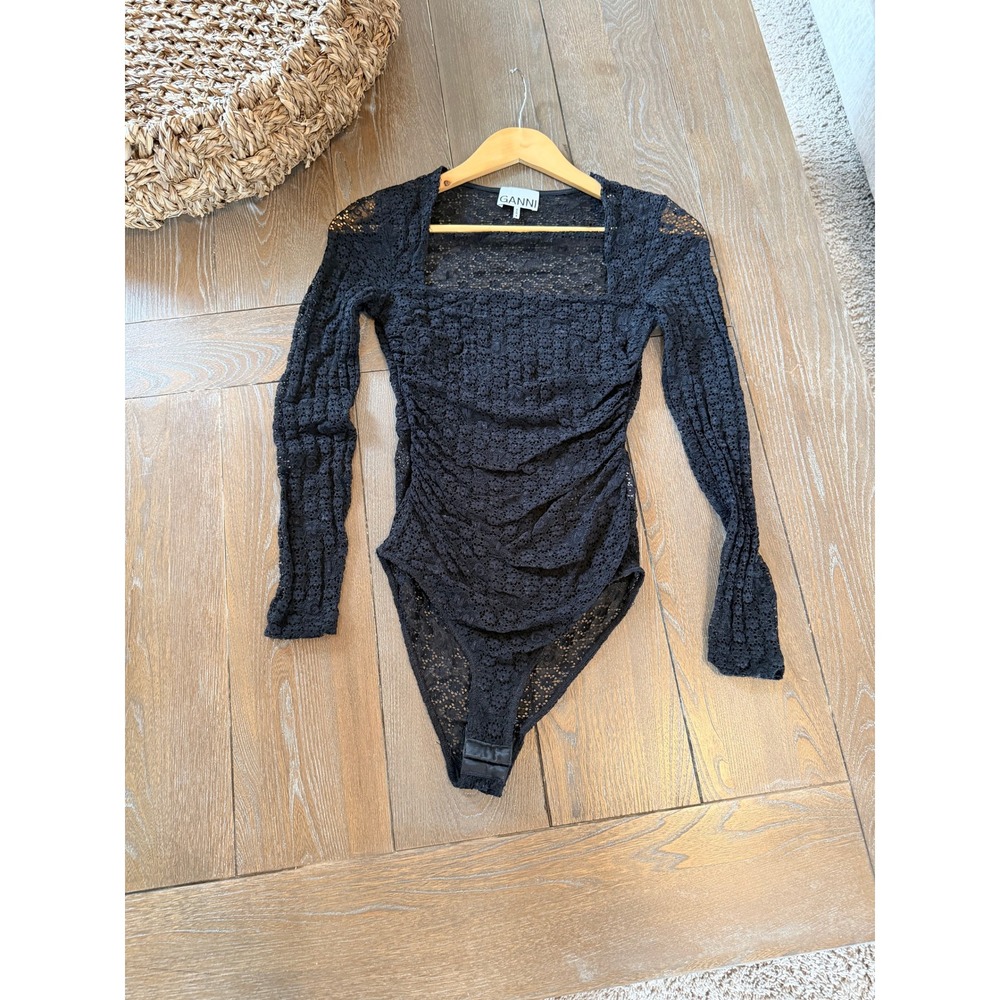 Ganni Lace Ruched Bodysuit Womens Black XS Square Neck‎ Long Sleeve BB.A 3587